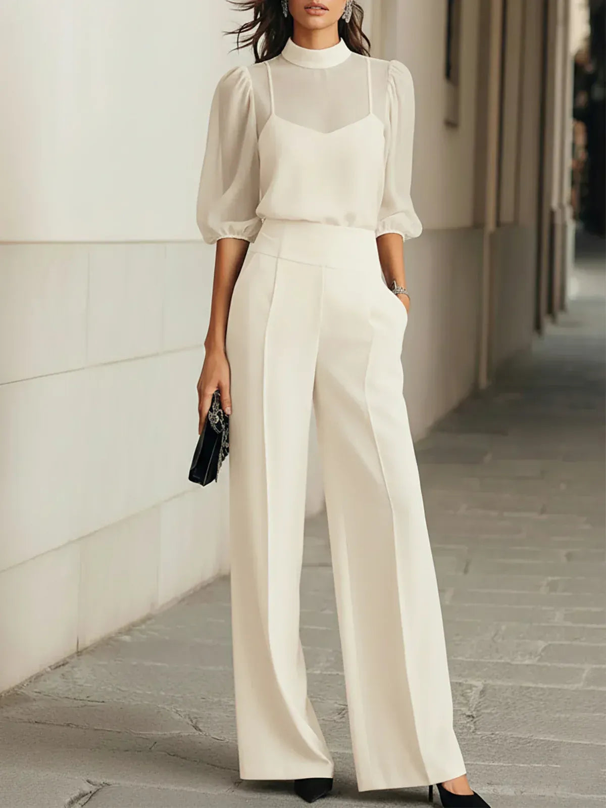 Valentina • Set nero tre pezzi con top camicia trasparente e pantaloni a gamba larga • S1