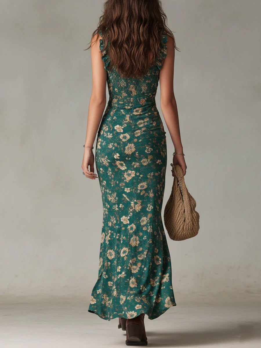 Zara | Abito maxi bohémien a fiori, arricciato, con spacco laterale