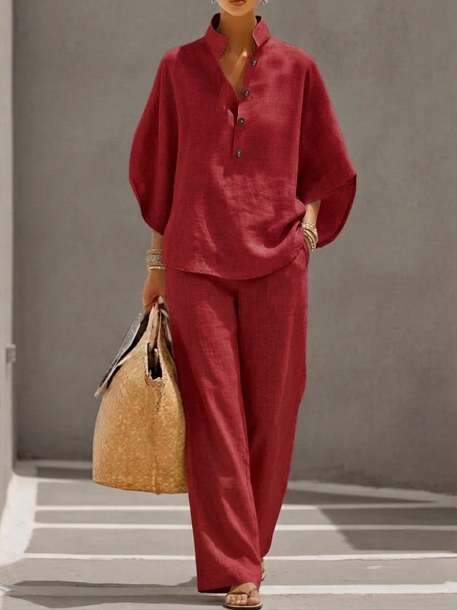 Eszter™ – Set in misto cotone e lino con maniche a pipistrello e pantaloni a gamba larga • S1