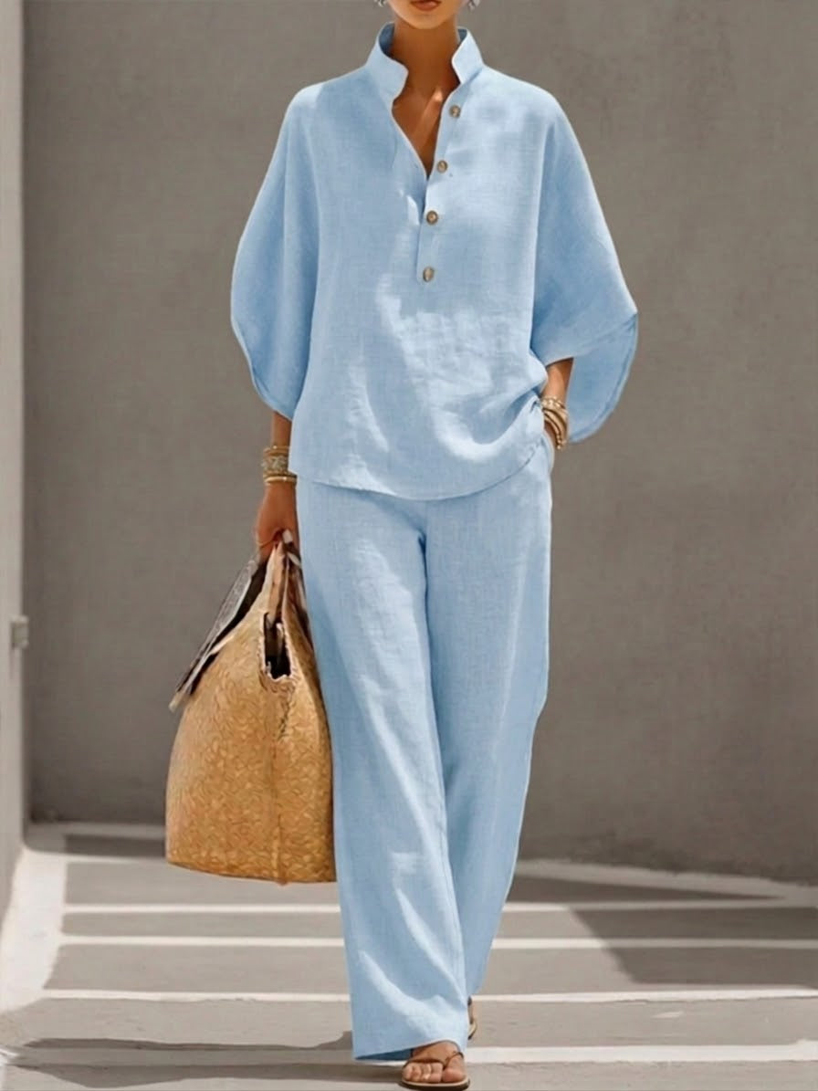 Eszter™ – Set in misto cotone e lino con maniche a pipistrello e pantaloni a gamba larga • S1