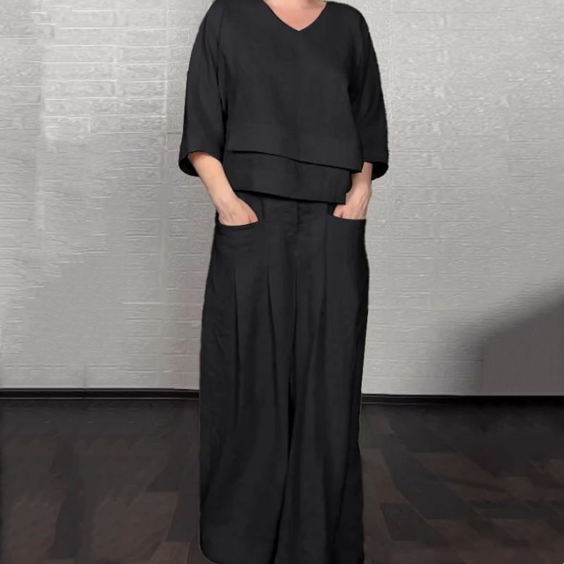 Liza | Set a due pezzi in misto cotone e lino – Top con scollo a V e pantaloni a gamba larga • S1