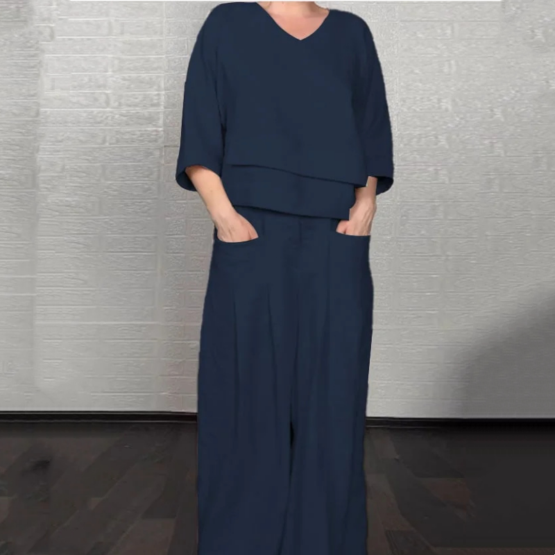 Liza | Set a due pezzi in misto cotone e lino – Top con scollo a V e pantaloni a gamba larga • S1