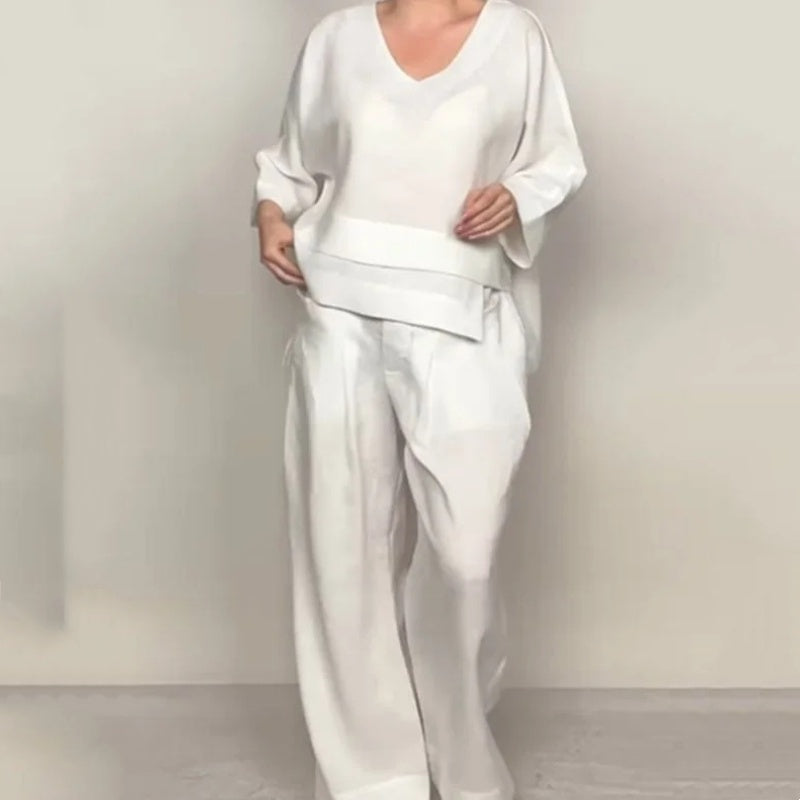 Liza | Set a due pezzi in misto cotone e lino – Top con scollo a V e pantaloni a gamba larga • S1