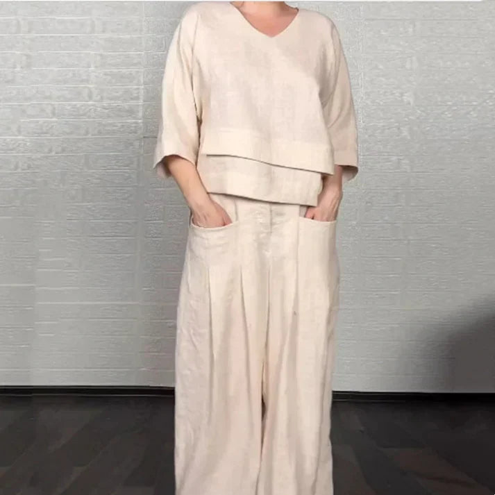 Liza | Set a due pezzi in misto cotone e lino – Top con scollo a V e pantaloni a gamba larga • S1