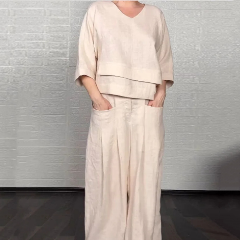 Liza | Set a due pezzi in misto cotone e lino – Top con scollo a V e pantaloni a gamba larga • S1