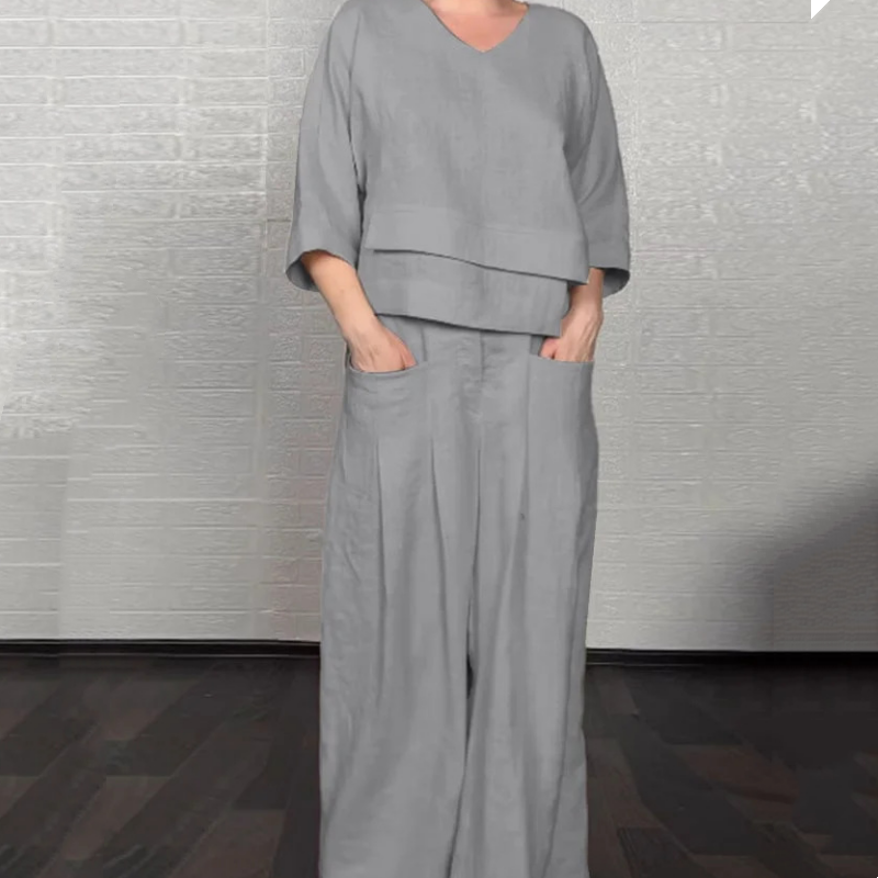Liza | Set a due pezzi in misto cotone e lino – Top con scollo a V e pantaloni a gamba larga • S1