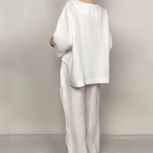 Liza | Set a due pezzi in misto cotone e lino – Top con scollo a V e pantaloni a gamba larga • S1