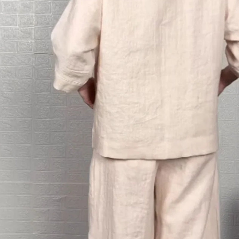 Liza | Set a due pezzi in misto cotone e lino – Top con scollo a V e pantaloni a gamba larga • S1