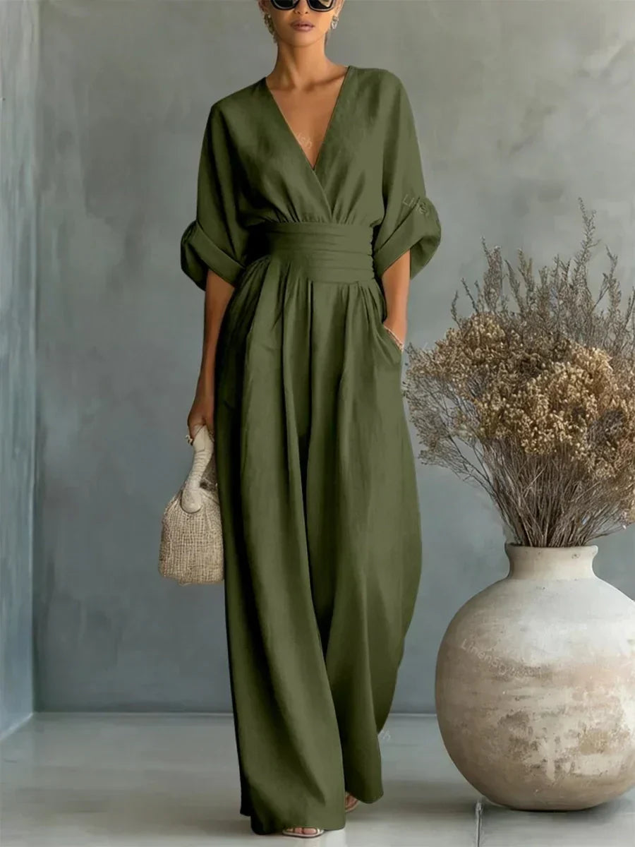 Elegante tuta a vita alta con scollo a V • S1