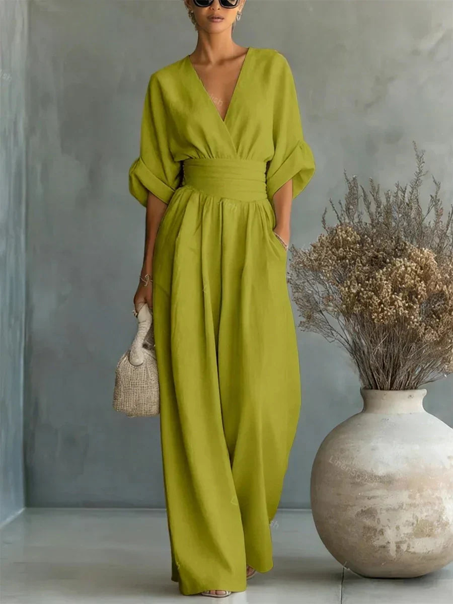 Elegante tuta a vita alta con scollo a V • S1